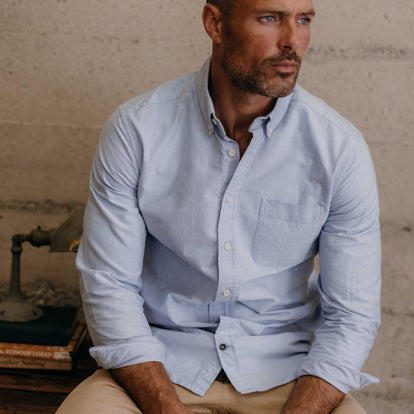 fit model with his hand in his pocket wearing The Jack in Blue Everyday Oxford