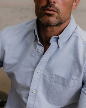 fit model adjusting sleeves on The Jack in Blue Everyday Oxford, Wovens by Taylor Stitch