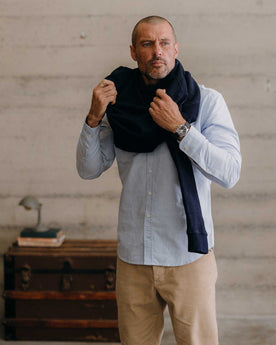 fit model showing off The Jack in Blue Everyday Oxford, Wovens by Taylor Stitch