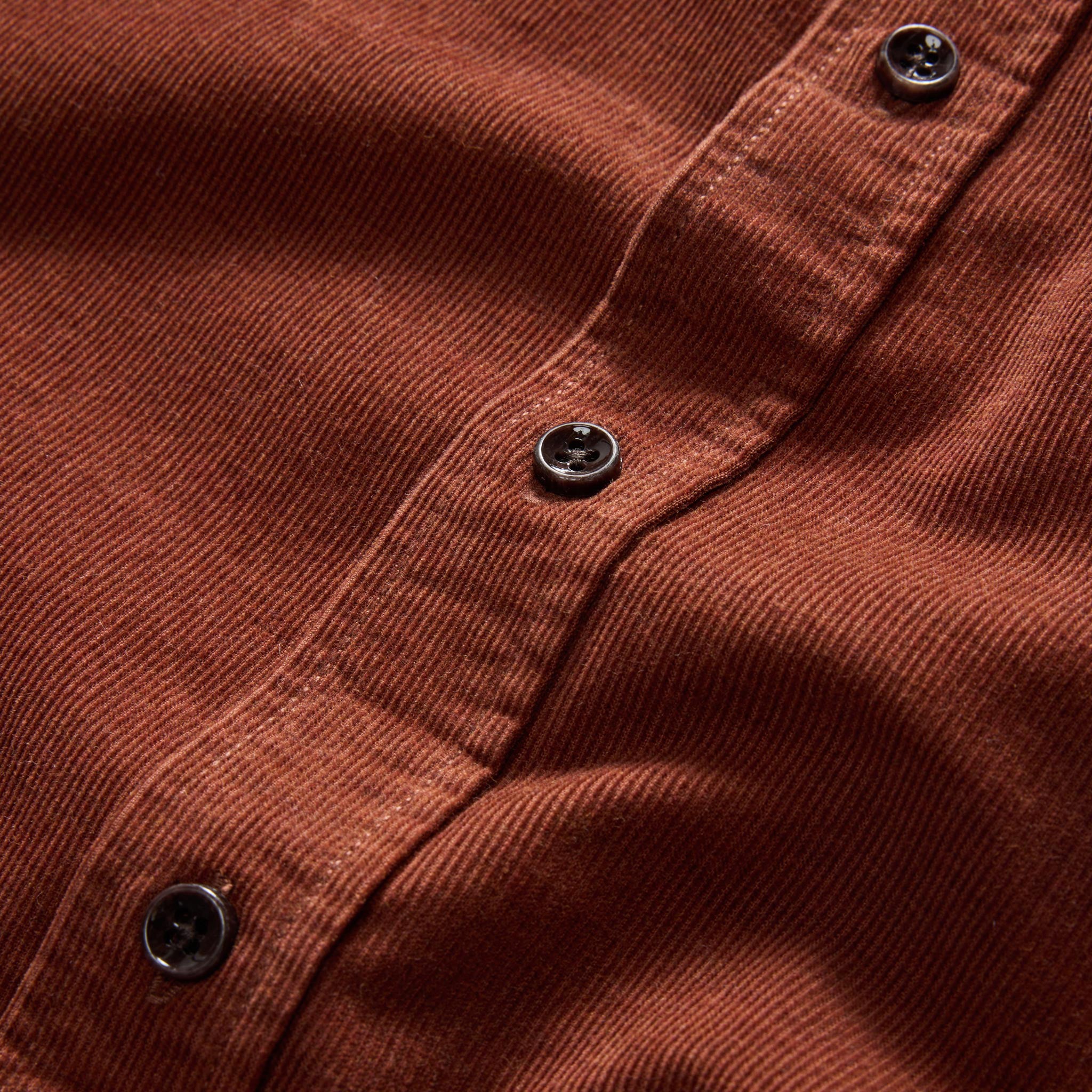 material shot of the buttons on The Jack in Copper Heathered Pincord, Wovens by Taylor Stitch