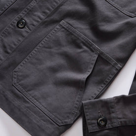 material shot of the pockets on The Ojai Jacket in Organic Charcoal Foundation Twill