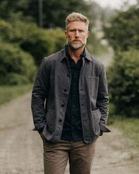 fit model in The Ojai ChoreJacket in Organic Charcoal Foundation Twill, Outerwear by Taylor Stitch