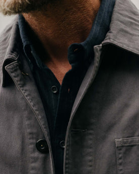 fit model showing the front of The Ojai Jacket in Organic Charcoal Foundation Twill, Outerwear by Taylor Stitch