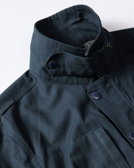 material shot of the collar on The Pathfinder Jacket in Dark Navy Dry Wax, Outerwear by Taylor Stitch