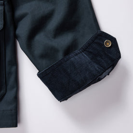 material shot of the corduroy cuffs on The Pathfinder Jacket in Dark Navy Dry Wax