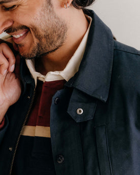 fit model showing off collar on The Pathfinder Jacket in Dark Navy Dry Wax, Outerwear by Taylor Stitch