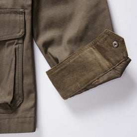 material shot of the cuffs on The Pathfinder Jacket in Fatigue Olive Dry Wax