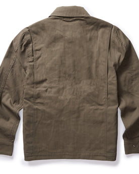 flatlay of the back of The Pathfinder Jacket in Fatigue Olive Dry Wax, Outerwear by Taylor Stitch