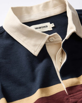 material shot of the collar on The Rugby in Dark Navy Stripe, Knits by Taylor Stitch