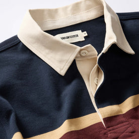 material shot of the collar on The Rugby in Dark Navy Stripe