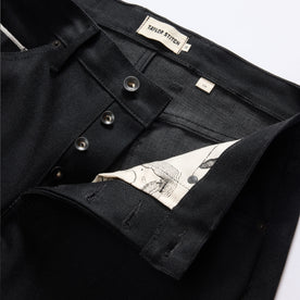 material shot of the button fly on The Slim Jean in Black Nihon Menpu Selvage