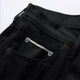 material shot of the pockets on The Slim Jean in Black Nihon Menpu Selvage
