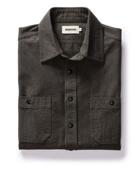 flatlay of The Utility Shirt in Olive Broken Herringbone, Wovens by Taylor Stitch