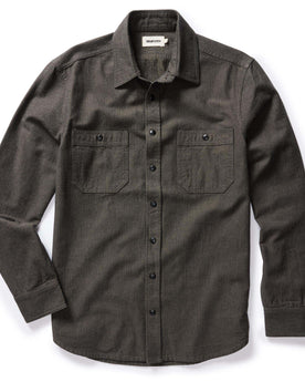 flatlay of The Utility Shirt in Olive Broken Herringbone, shown in full, Wovens by Taylor Stitch