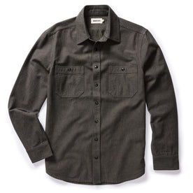 flatlay of The Utility Shirt in Olive Broken Herringbone, shown in full