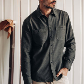 fit model wearing The Utility Shirt in Olive Broken Herringbone