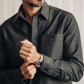 fit model in The Utility Shirt in Olive Broken Herringbone