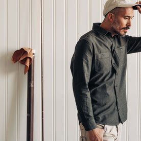fit model showing the back of The Utility Shirt in Olive Broken Herringbone
