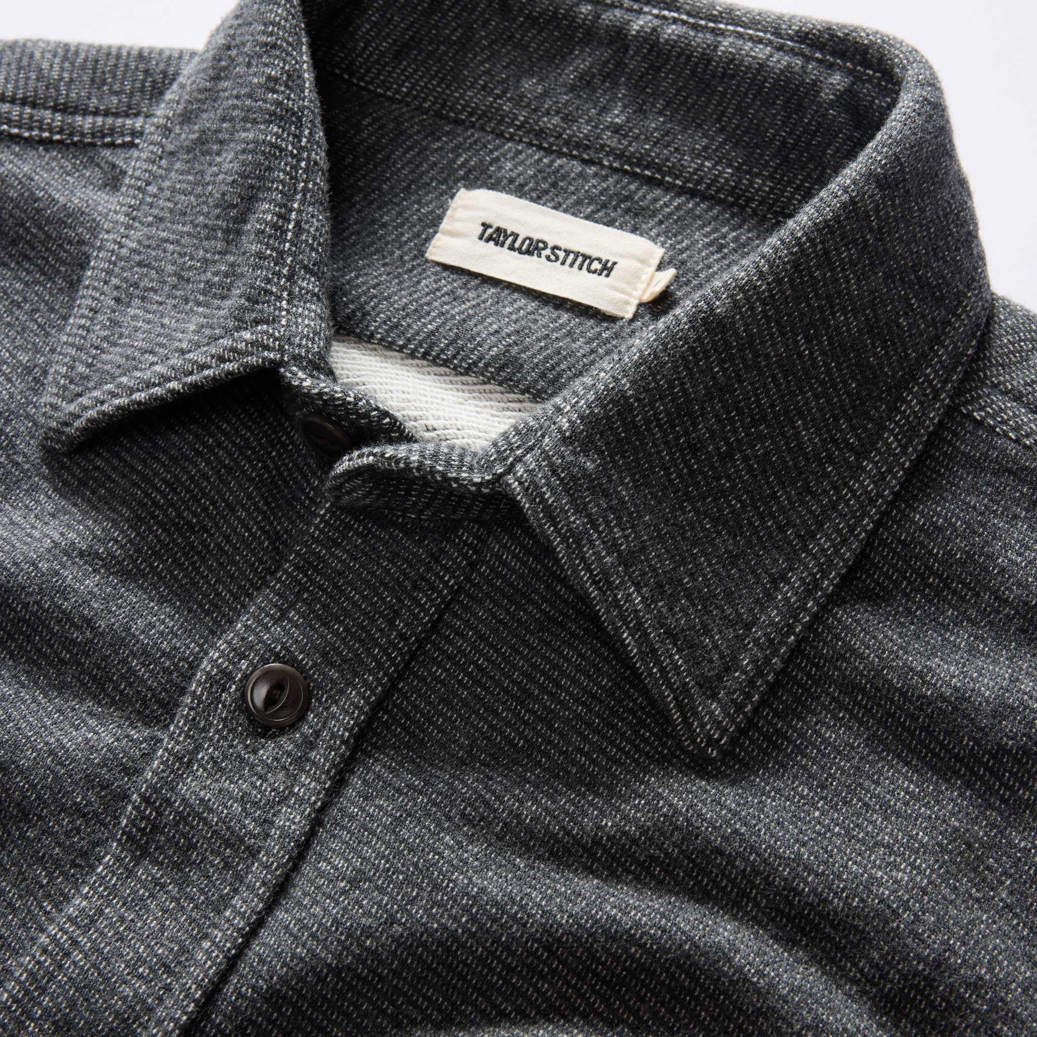 material shot of the collar on The Utility Shirt in Navy French Terry Twill Knit, Knits by Taylor Stitch