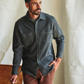 fit model posing in The Utility Shirt in Navy French Terry Twill Knit