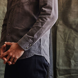 fit model showing off cuffs on The Western Shirt in Soil Pigment Selvage Denim