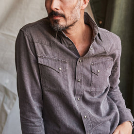 fit model standing posing in The Western Shirt in Soil Pigment Selvage Denim
