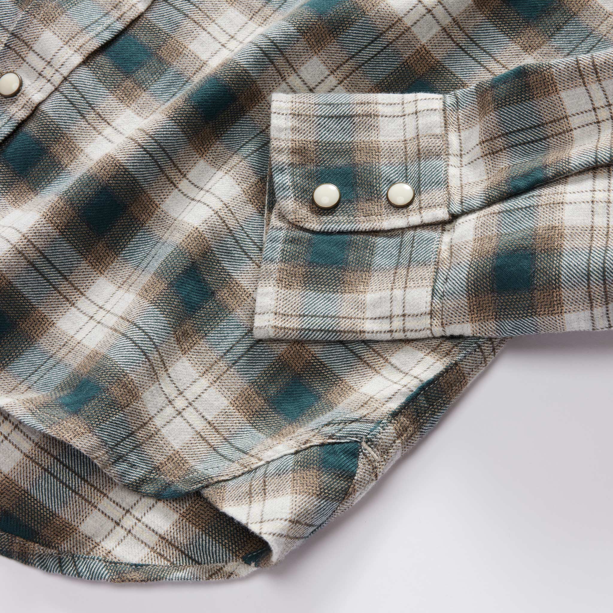 material shot of the cuffs on The Western Shirt in Wetland Plaid, Wovens by Taylor Stitch