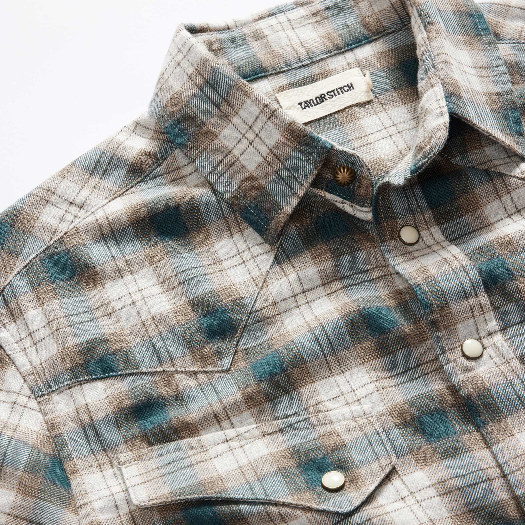 material shot of the collar on The Western Shirt in Wetland Plaid, Wovens by Taylor Stitch
