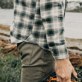 fit model showing off cuffs on The Western Shirt in Wetland Plaid