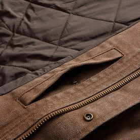 material shot of the inside pocket on The Workhorse Jacket in Aged Penny Chipped Canvas