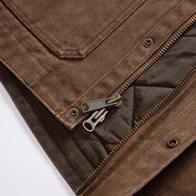 material shot of the zipper on The Workhorse Jacket in Aged Penny Chipped Canvas