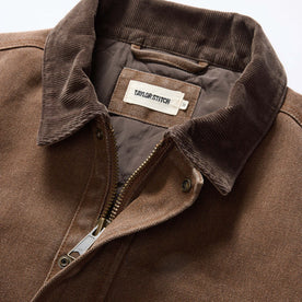 material shot of the collar on The Workhorse Jacket in Aged Penny Chipped Canvas