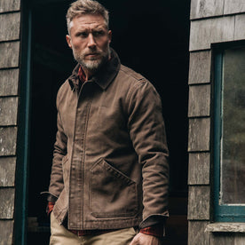 fit model posing in The Workhorse Jacket in Aged Penny Chipped Canvas