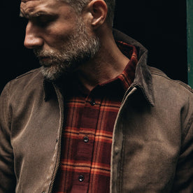 fit model showing off the collar on The Workhorse Jacket in Aged Penny Chipped Canvas