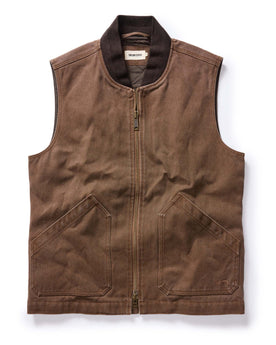 flatlay of The Workhorse Vest in Aged Penny Chipped Canvas, Outerwear by Taylor Stitch