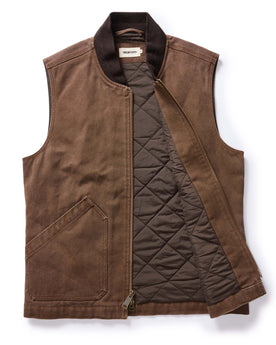 flatlay of open The Workhorse Vest in Aged Penny Chipped Canvas, Outerwear by Taylor Stitch
