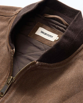 material shot of the collar on The Workhorse Vest in Aged Penny Chipped Canvas, Outerwear by Taylor Stitch