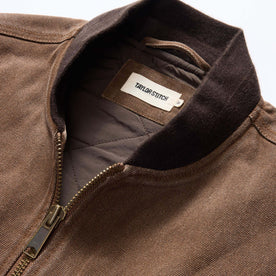 material shot of the collar on The Workhorse Vest in Aged Penny Chipped Canvas