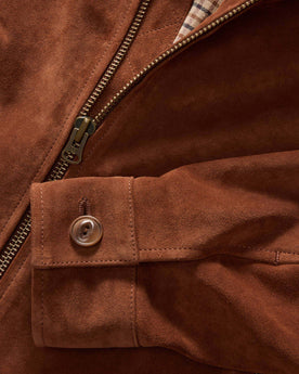 material shot of the sleeve on The Wyatt Jacket in Chocolate Suede, Outerwear by Taylor Stitch