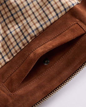material shot of the inside pocket on The Wyatt Jacket in Chocolate Suede, Outerwear by Taylor Stitch