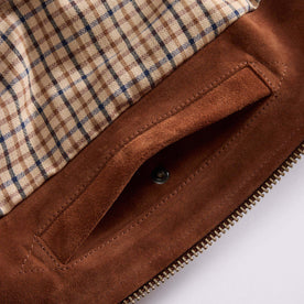 material shot of the inside pocket on The Wyatt Jacket in Chocolate Suede