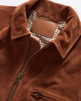 material shot of the collar on The Wyatt Jacket in Chocolate Suede, Outerwear by Taylor Stitch