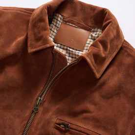 material shot of the collar on The Wyatt Jacket in Chocolate Suede