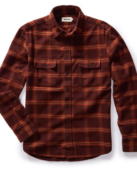 flatlay of The Yosemite Shirt in Burnt Toffee Plaid, shown in full, Wovens by Taylor Stitch