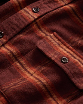 material shot of the front pocket on The Yosemite Shirt in Burnt Toffee Plaid, Wovens by Taylor Stitch