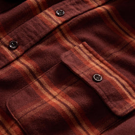 material shot of the front pocket on The Yosemite Shirt in Burnt Toffee Plaid