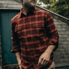 fit model showing the front of The Yosemite Shirt in Burnt Toffee Plaid