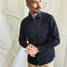 fit model in The Yosemite Shirt in Dark Navy