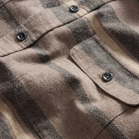 material shot of the buttons and chest pocket on The Yosemite Shirt in Graystone Heather Stripe