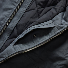 material shot of the nylon liner on The Bomber Jacket in Charcoal Dry Wax